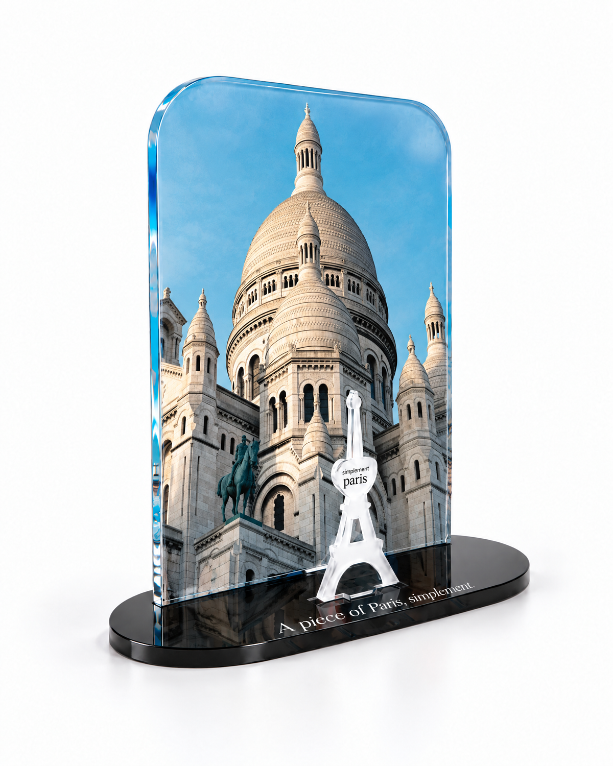 Three-quarter view of the Sacré-Cœur acrylic decor showing the thick glossy panel and the separate Eiffel Tower in front