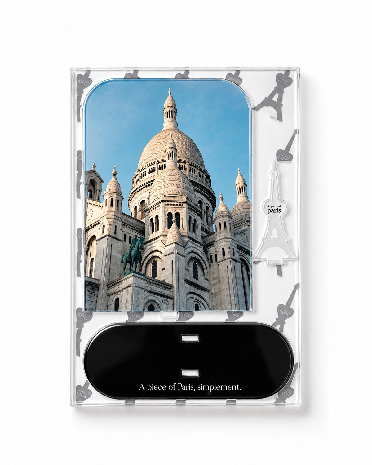 Flat-pack contents: Sacré-Cœur acrylic panel, glossy black base and Eiffel Tower piece