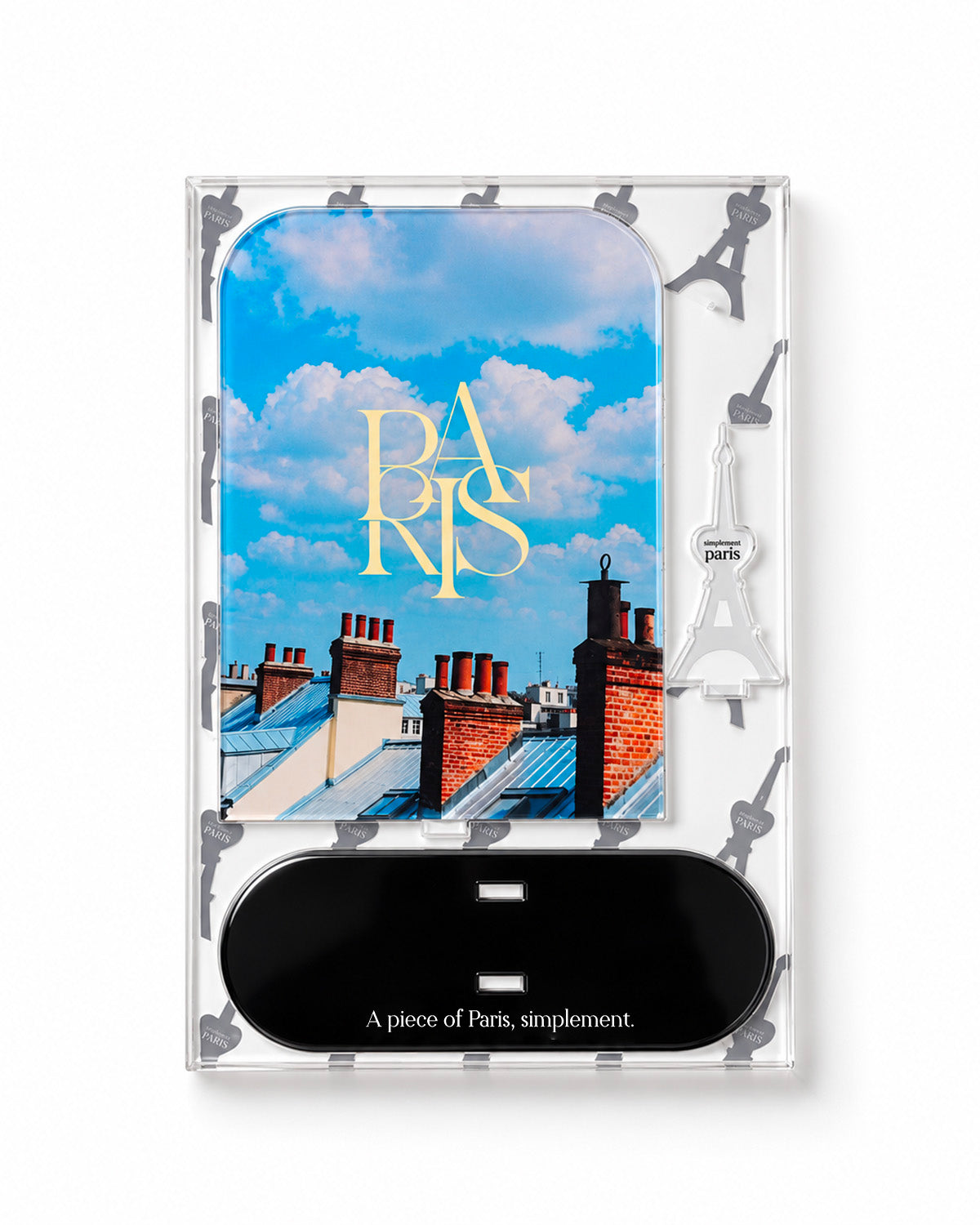 Flat-pack contents: printed acrylic panel, black base and Eiffel Tower emblem