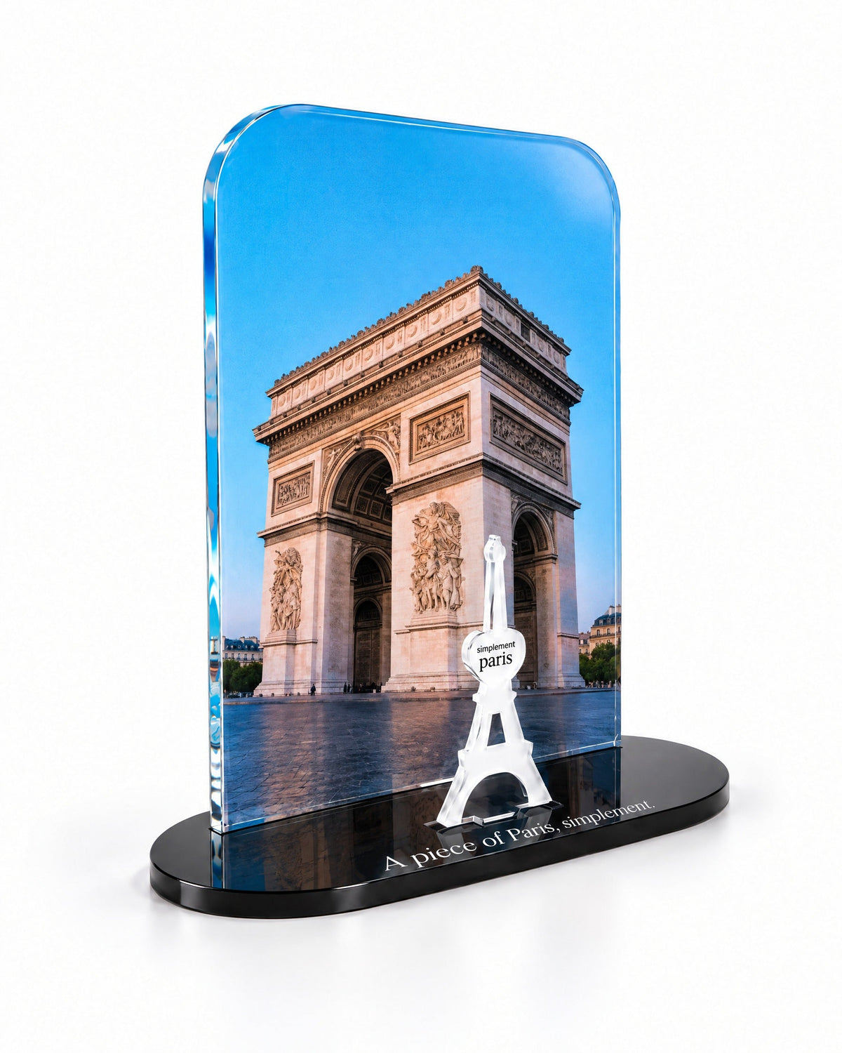 Three-quarter view of the Arc at Dusk acrylic decor with its thick glossy panel and separate Eiffel Tower