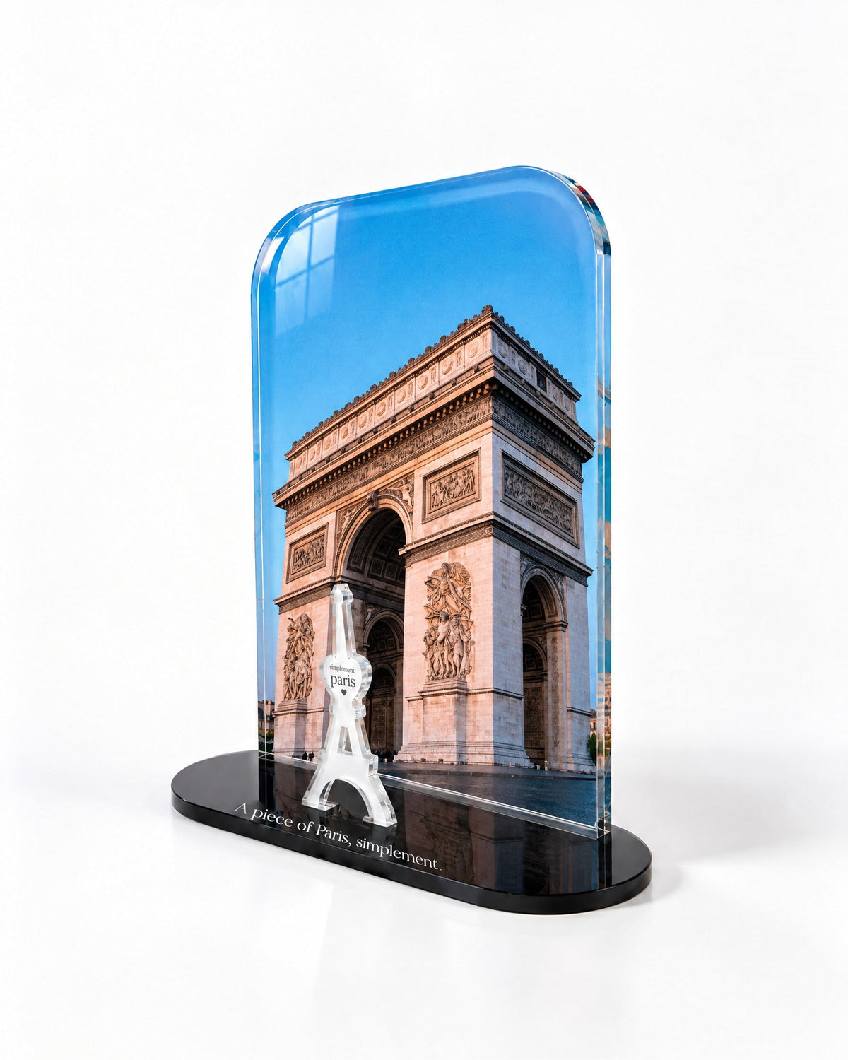 Side view of the Arc at Dusk acrylic decor with polished edges and reflections