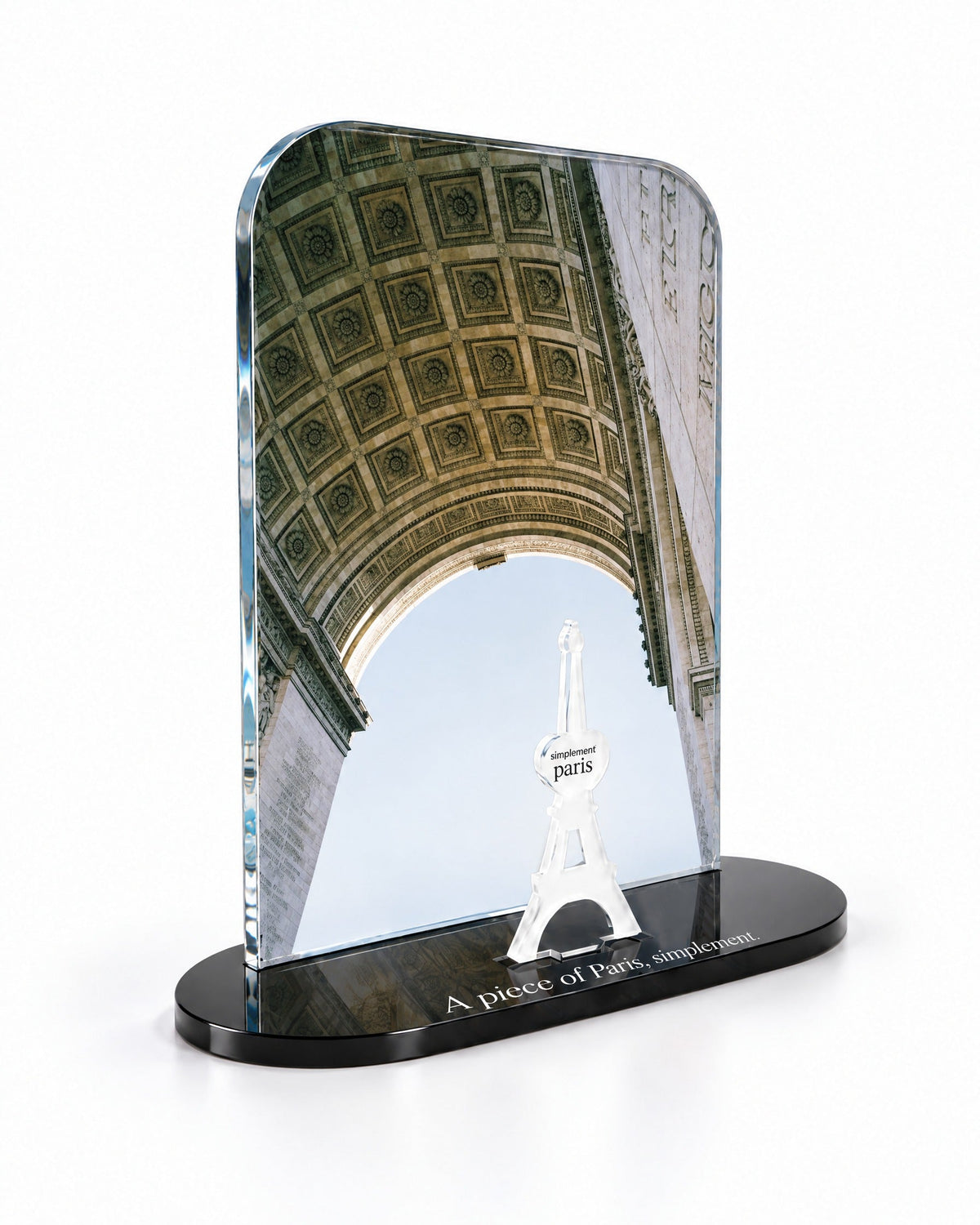 Three-quarter view of the Arc de Triomphe acrylic decor showing the thick glossy panel and separate Eiffel Tower