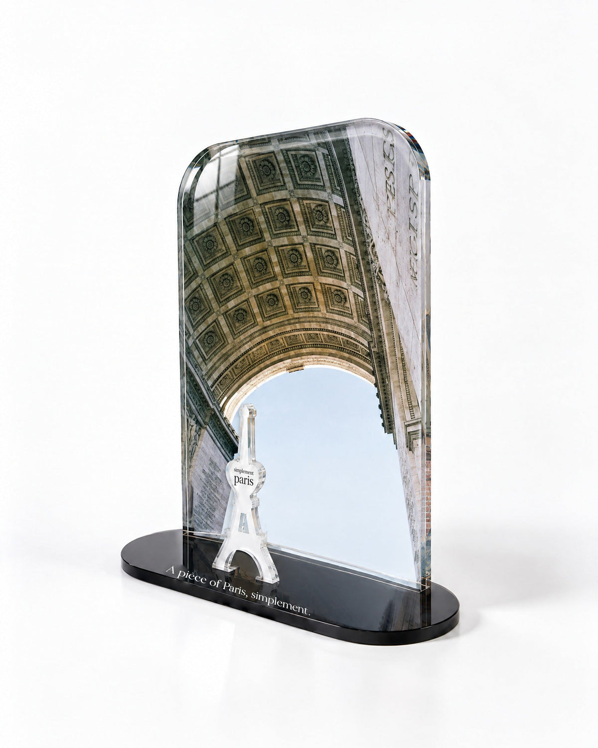 Side view of the Arc de Triomphe acrylic decor with polished edges and reflections