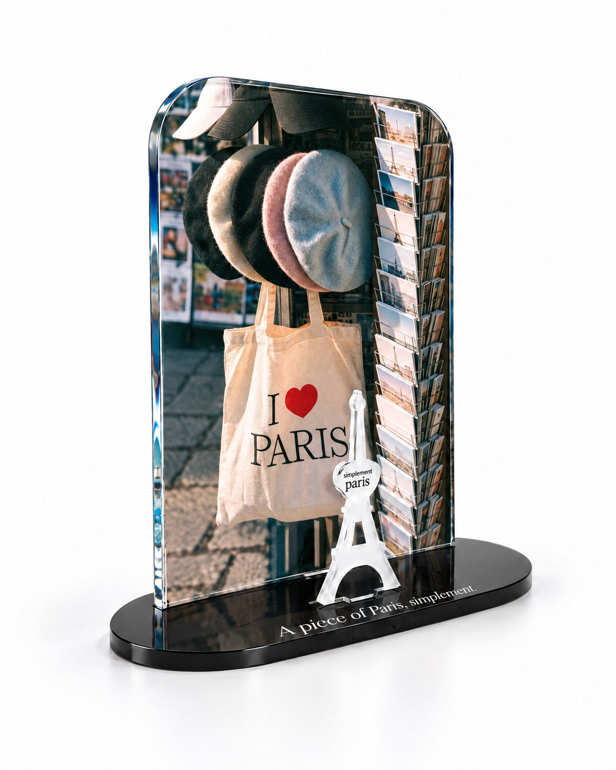 Three-quarter view of the Berets & Postcards acrylic decor with its thick glossy panel and separate Eiffel Tower
