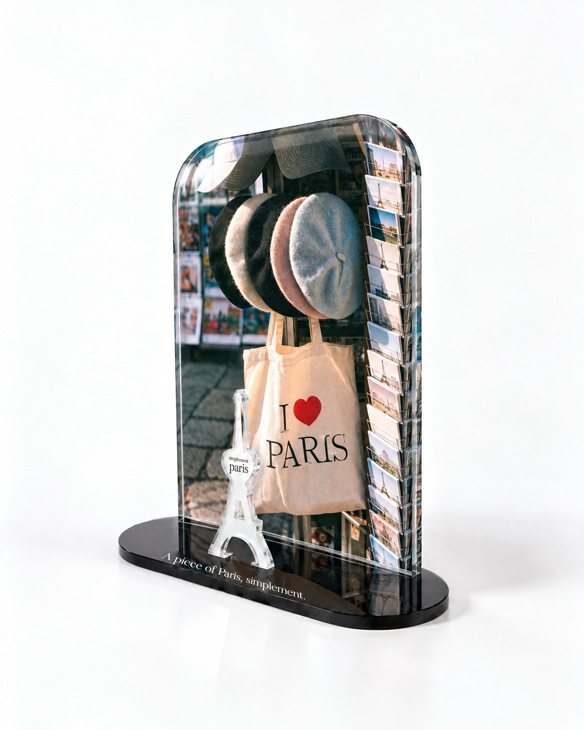 Side view of the Berets & Postcards acrylic decor with polished edges and reflections