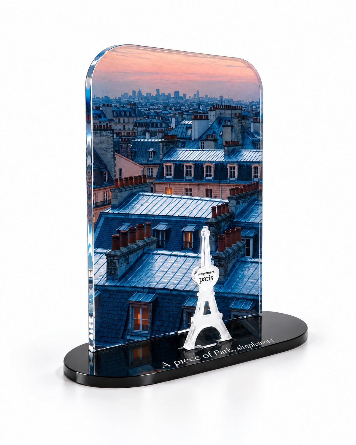 Three-quarter view of the Blue Hour Rooftops acrylic decor showing the thick glossy panel and separate Eiffel Tower