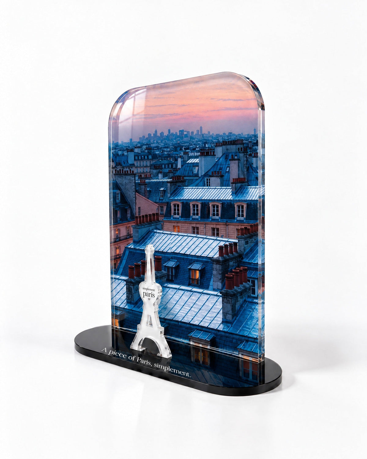 Side view of the Blue Hour Rooftops acrylic decor with polished edges and reflections