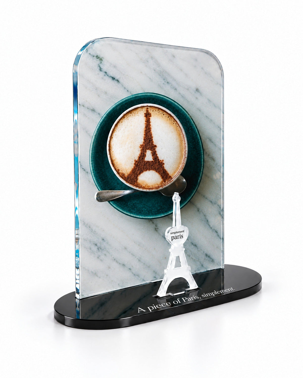 Three-quarter view of the Café Eiffel acrylic decor with its thick glossy panel and separate Eiffel Tower