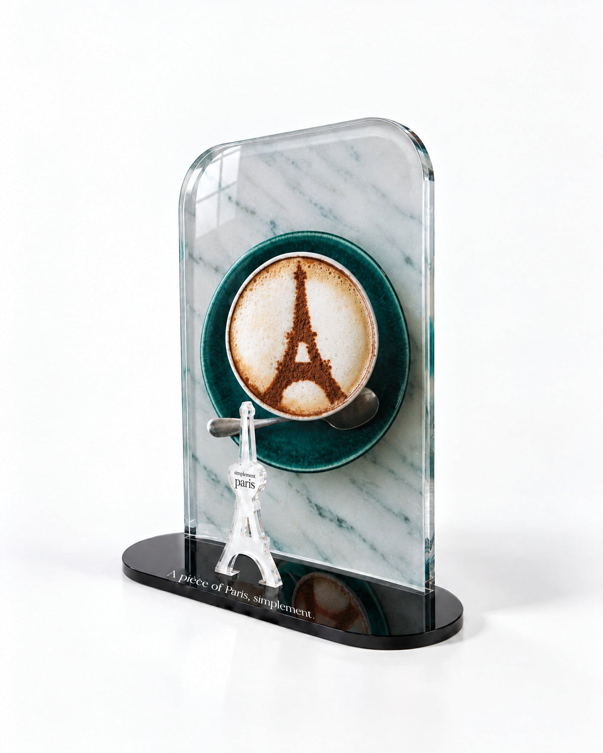 Side view of the Café Eiffel acrylic decor with polished edges and reflections