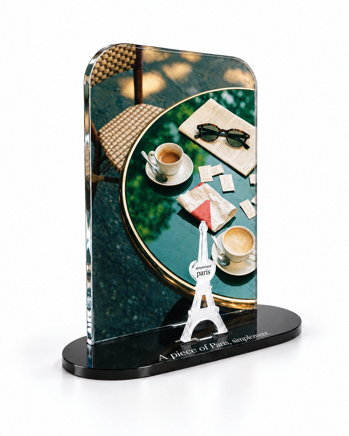 Three-quarter view of the Café Morning acrylic decor showing the thick glossy panel and separate Eiffel Tower
