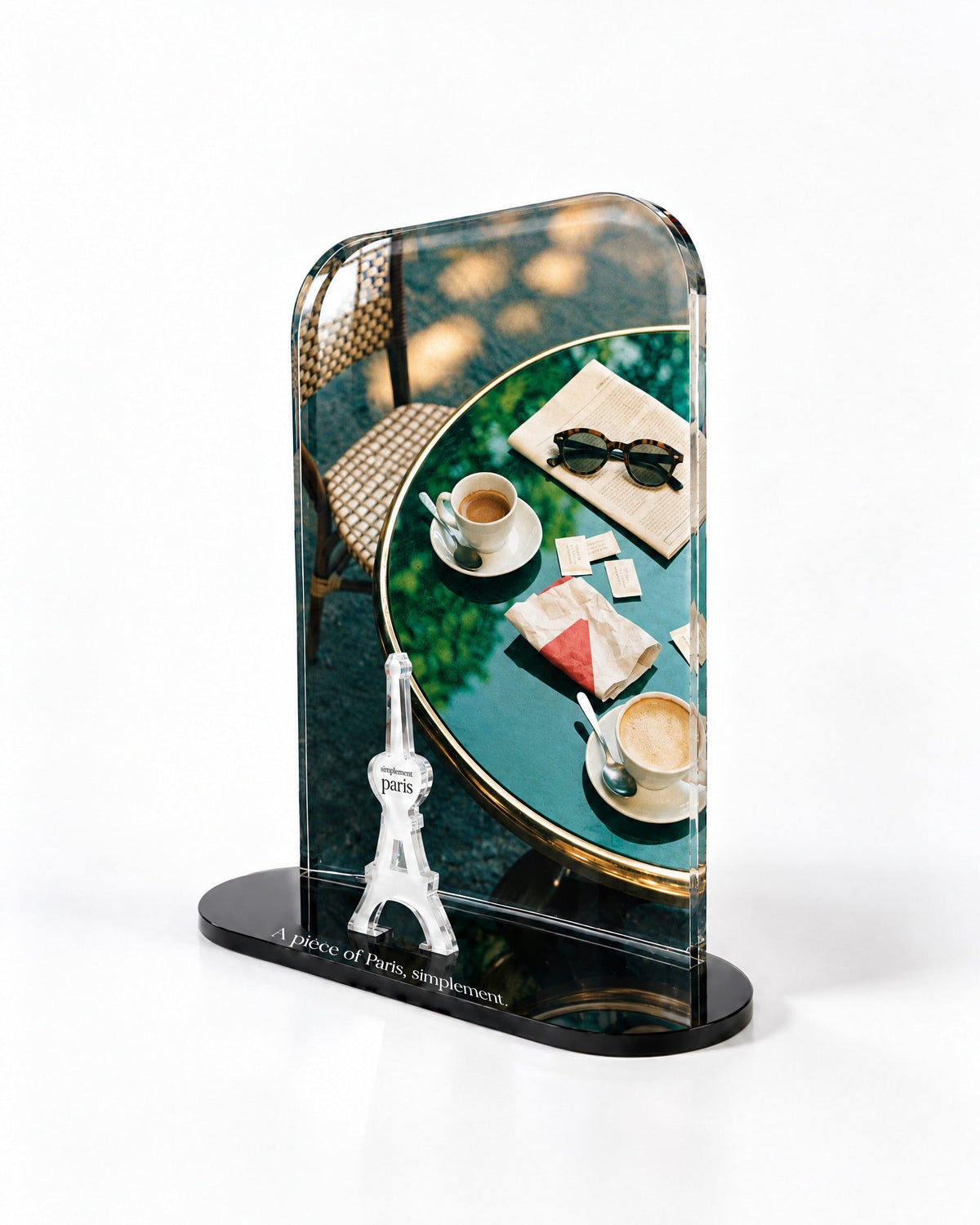 Side view of the Café Morning acrylic decor with polished edges and reflections