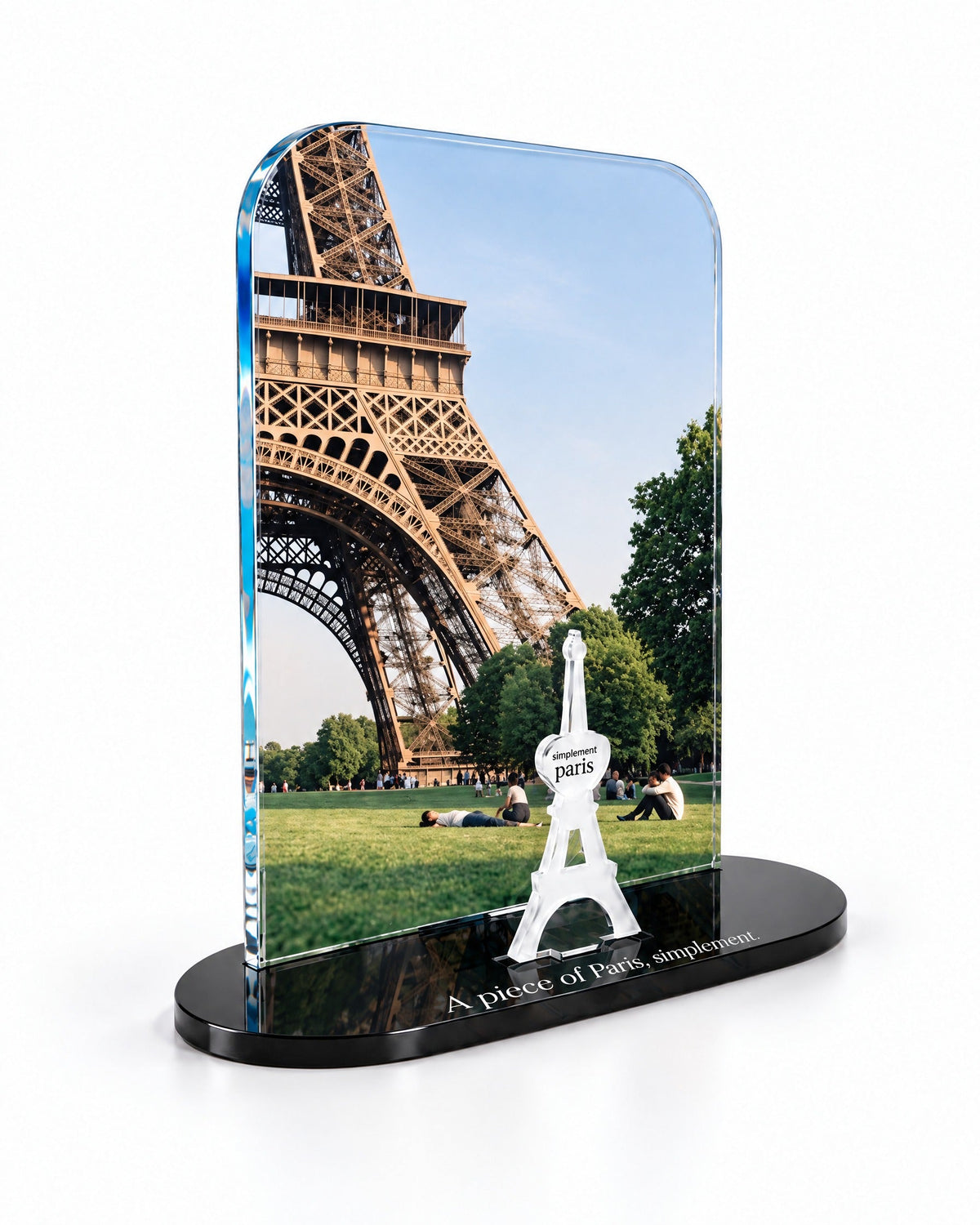 Three-quarter view of the Champ de Mars acrylic decor with its thick glossy panel and separate Eiffel Tower