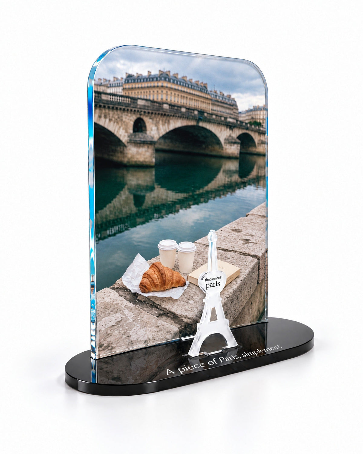 Three-quarter view of the Croissant by the Seine acrylic decor with its thick glossy panel and separate Eiffel Tower