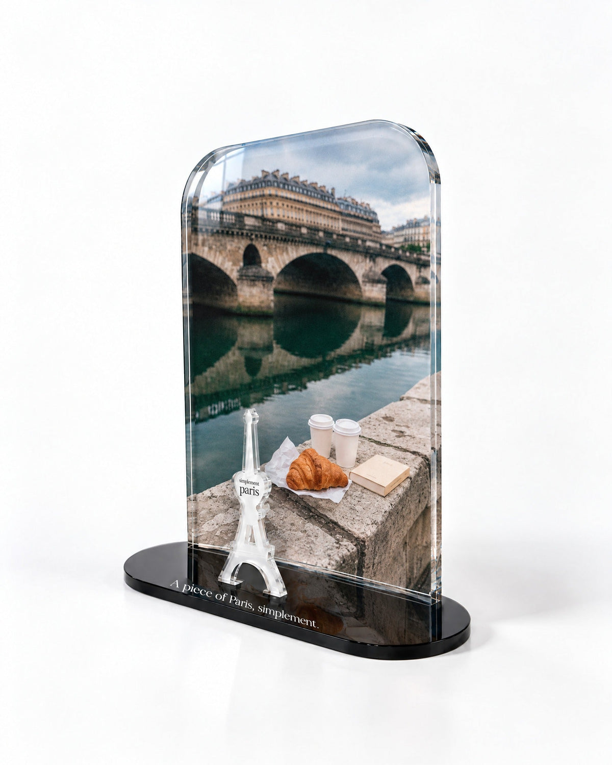 Side view of the Croissant by the Seine acrylic decor with polished edges and reflections
