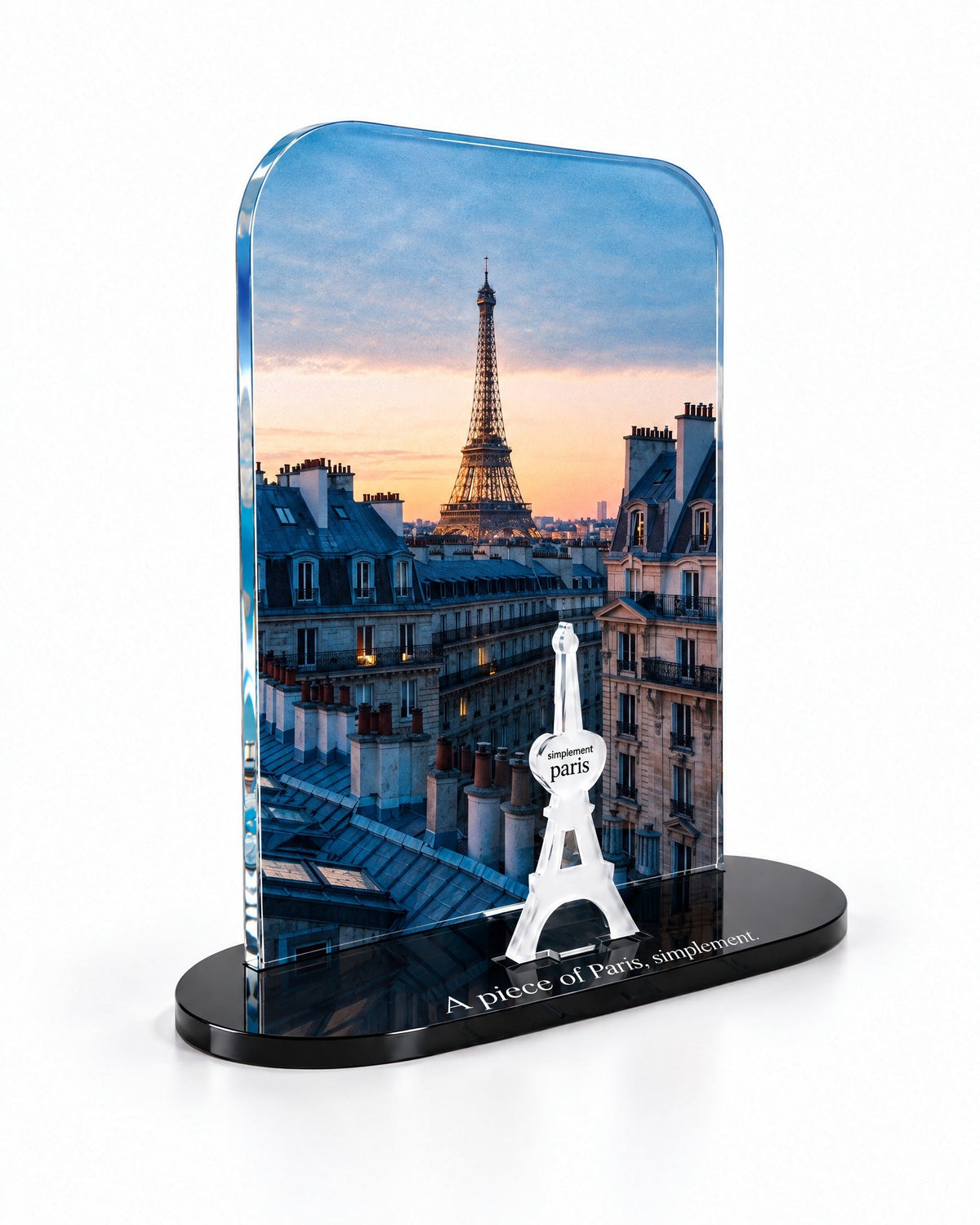 Three-quarter view of the Eiffel at Dusk acrylic decor showing the thick glossy panel and separate Eiffel Tower