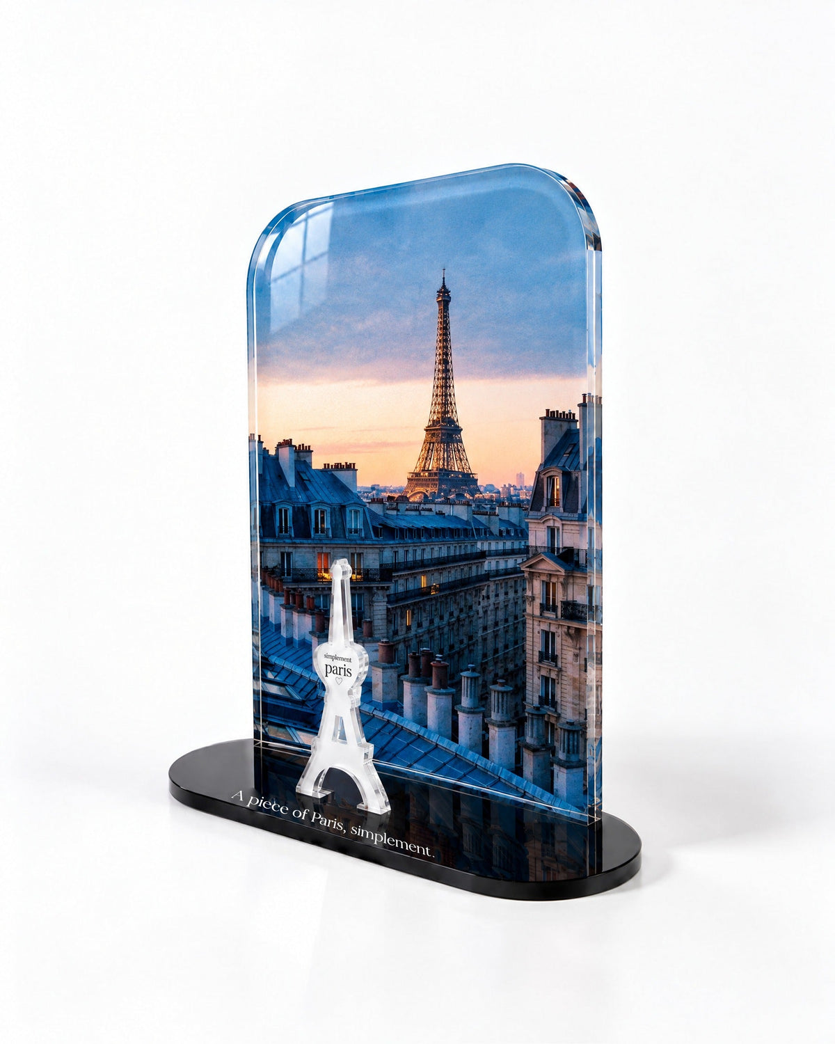 Side view of the Eiffel at Dusk acrylic decor with polished edges and reflections