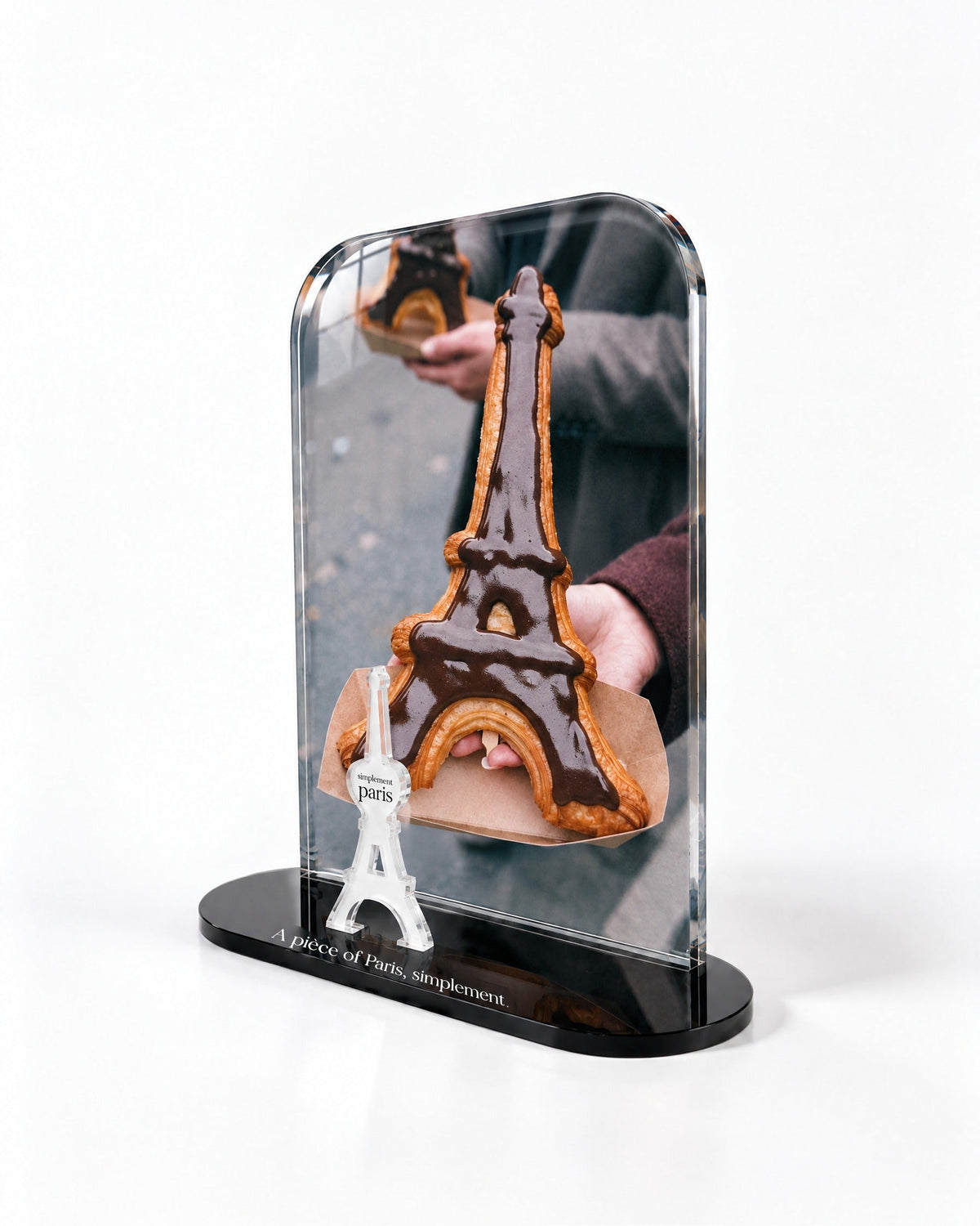 Side view of the Eiffel Croissant acrylic decor with polished edges and reflections