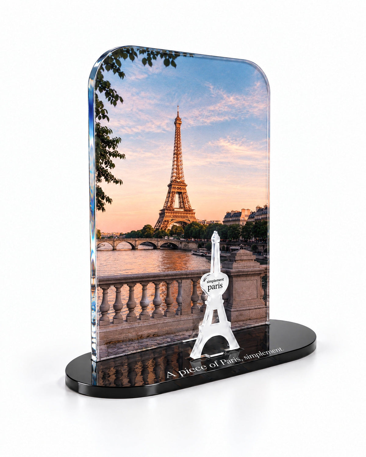 Three-quarter view of the Eiffel Sunset acrylic decor with its thick glossy panel and separate Eiffel Tower