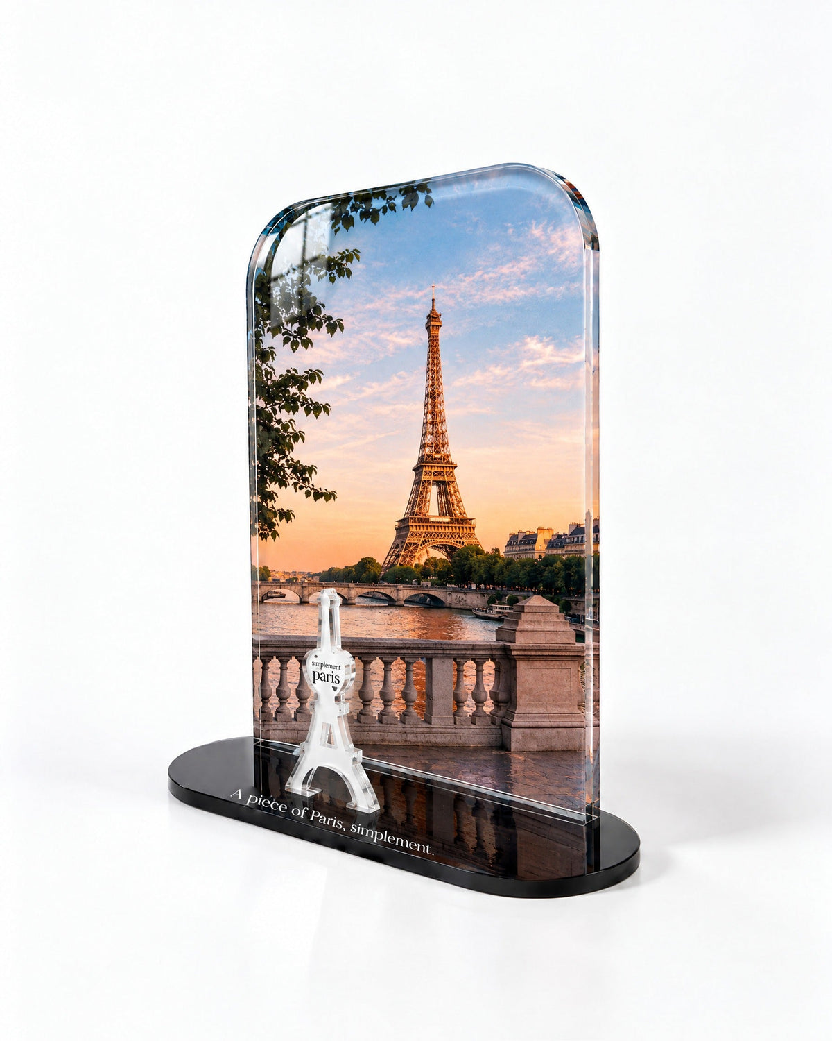 Side view of the Eiffel Sunset acrylic decor with polished edges and reflections