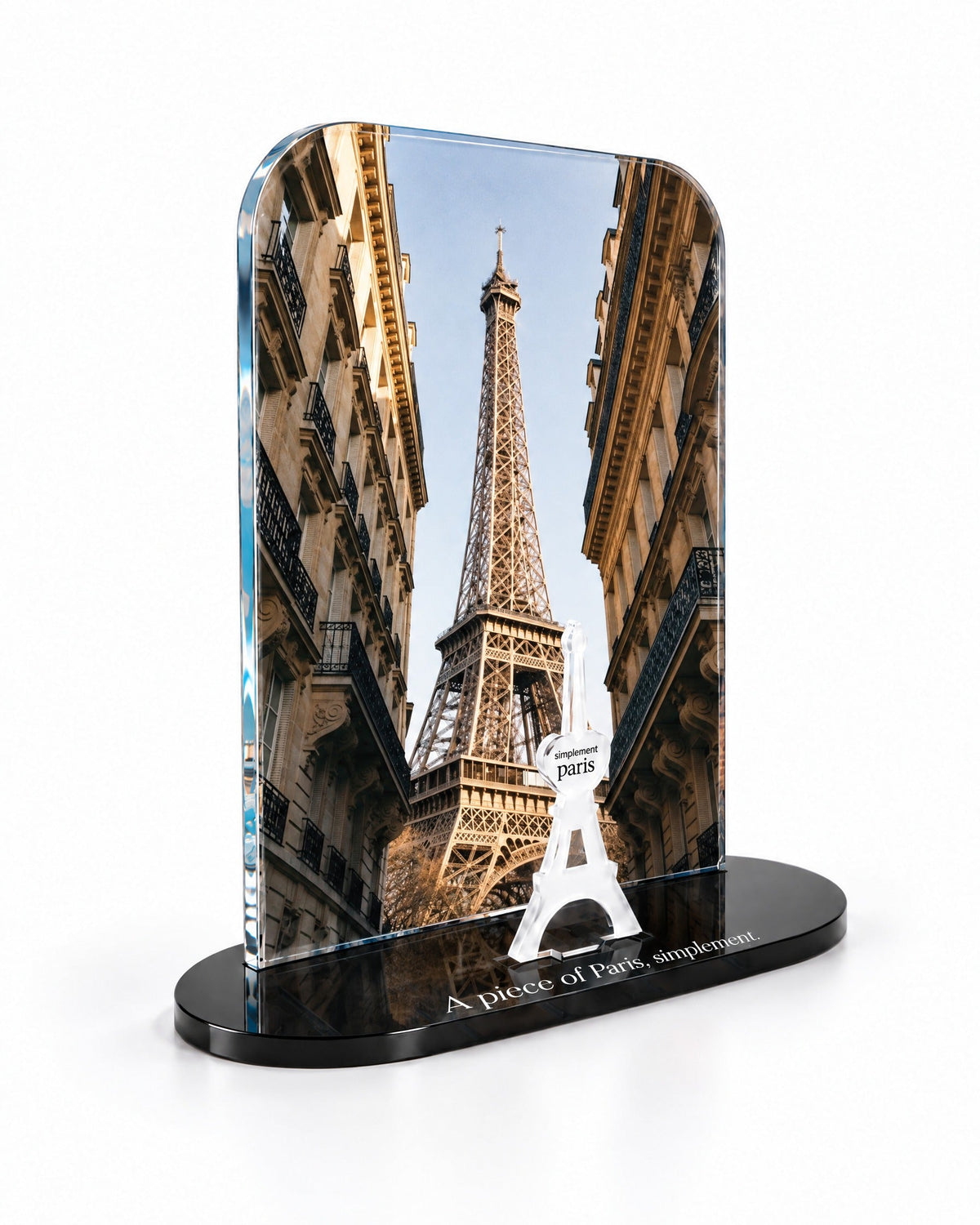 Three-quarter view of the Eiffel View acrylic decor showing the thick glossy panel and separate Eiffel Tower