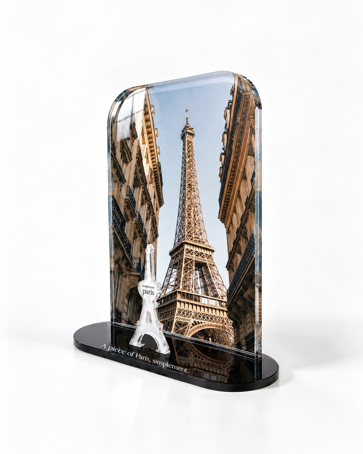 Side view of the Eiffel View acrylic decor with polished edges and reflections