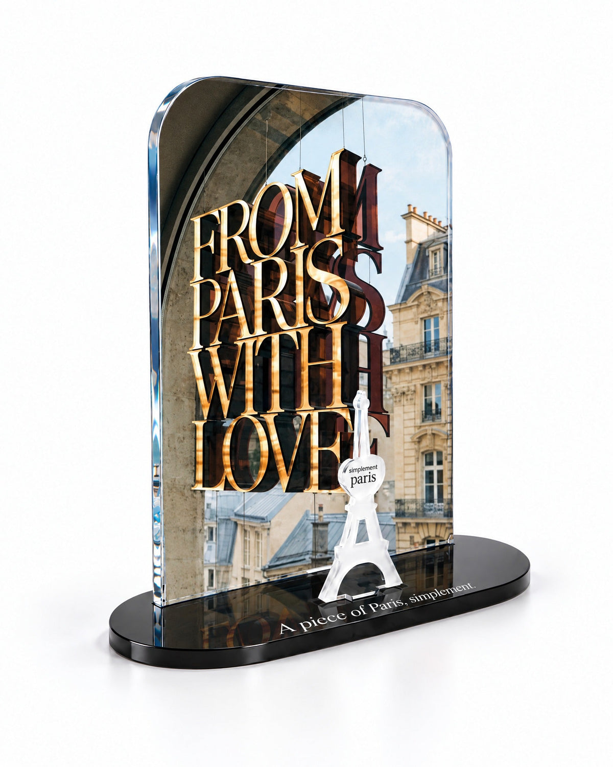 Three-quarter view of the From Paris with Love acrylic decor with its thick glossy panel and separate Eiffel Tower