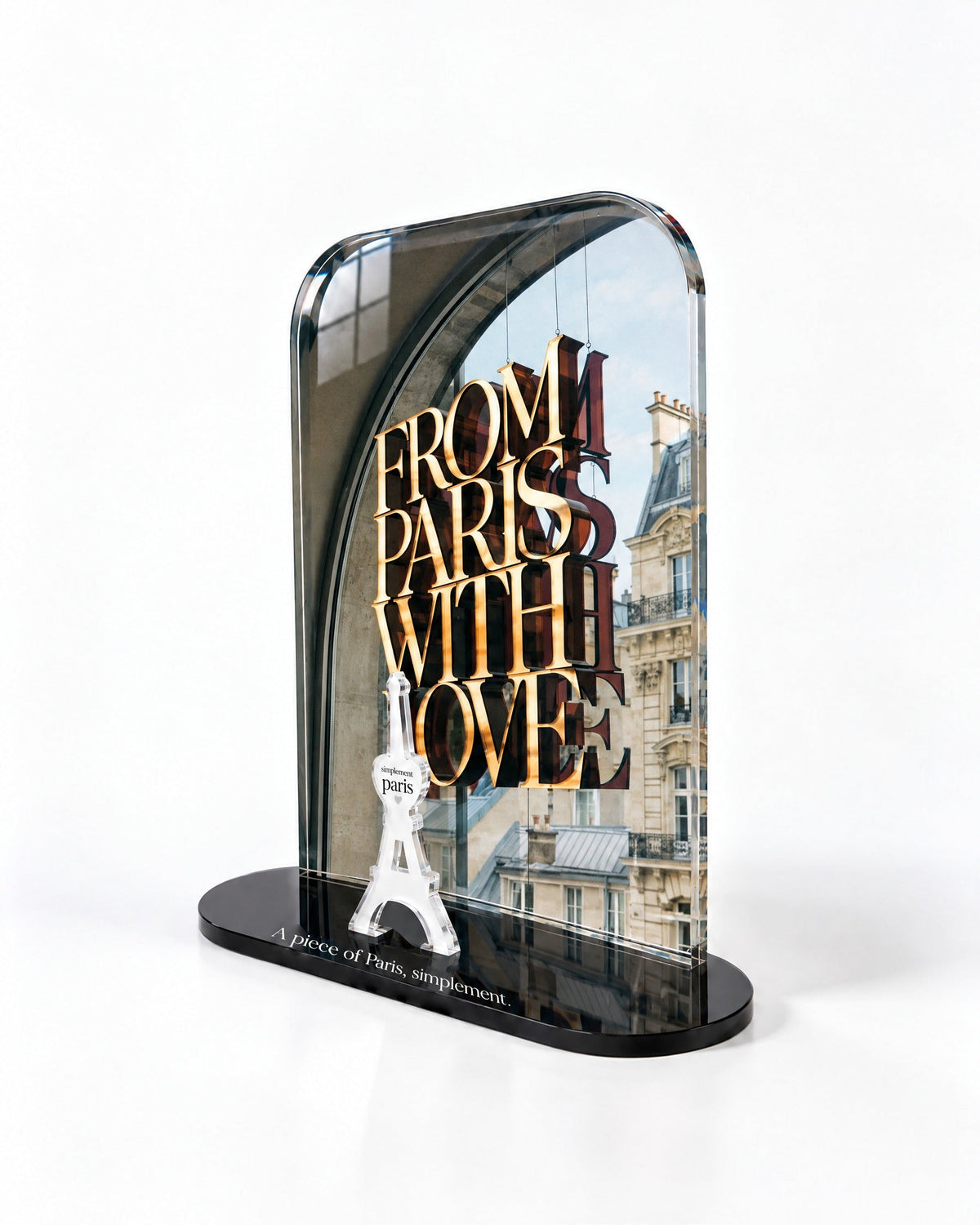 Side view of the From Paris with Love acrylic decor with polished edges and reflections
