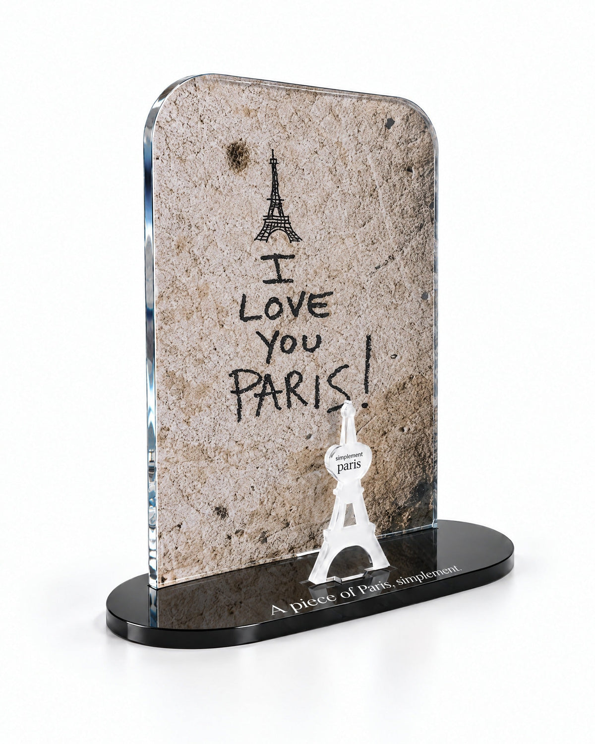 Three-quarter view of the I Love You Paris acrylic decor showing the thick glossy panel and separate Eiffel Tower