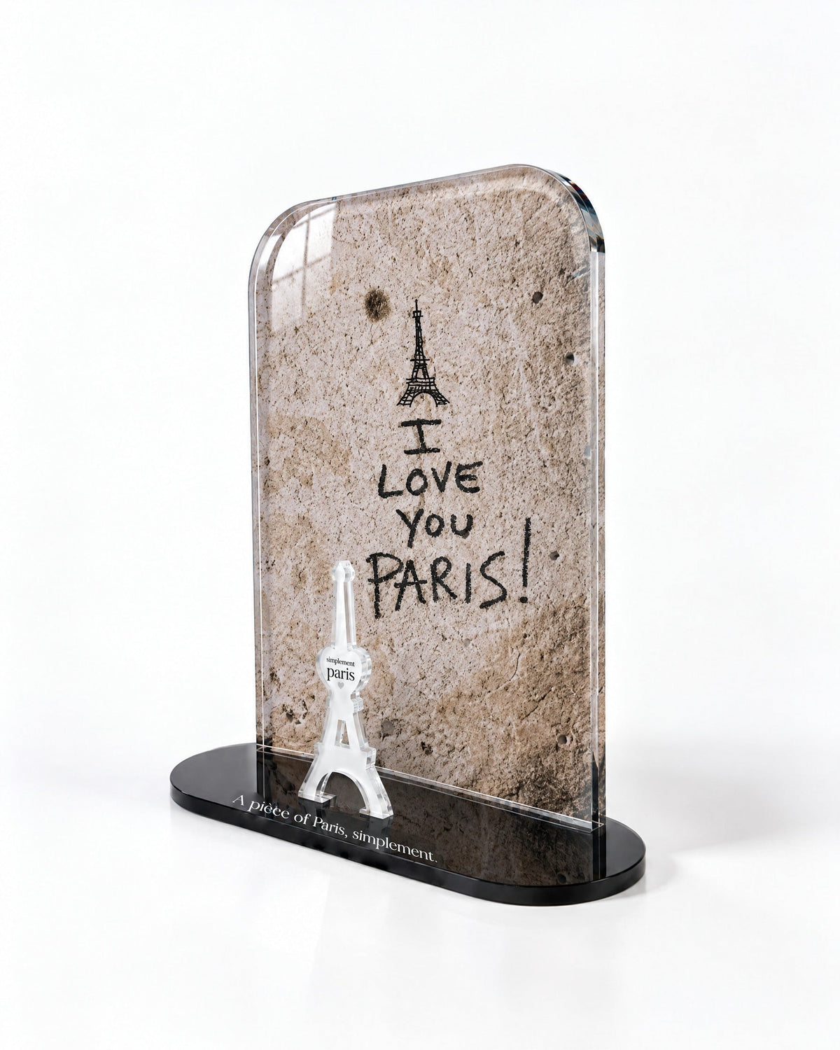 Side view of the I Love You Paris acrylic decor with polished edges and reflections