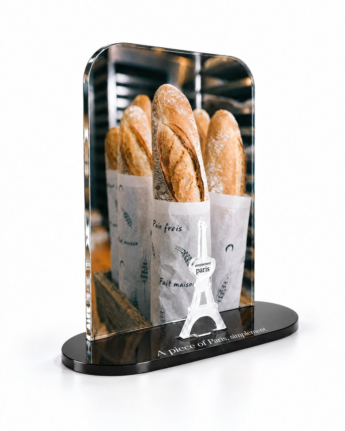 Three-quarter view of the La Baguette acrylic decor with its thick glossy panel and separate Eiffel Tower