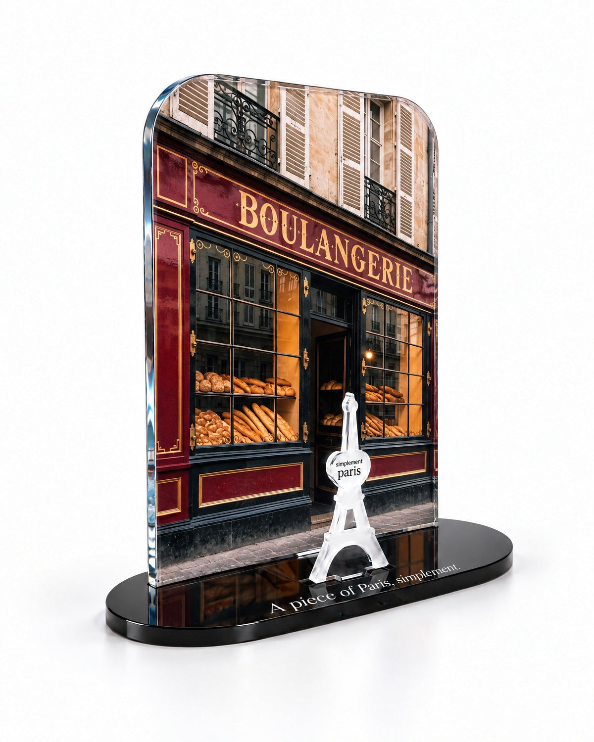 Three-quarter view of the La Boulangerie acrylic decor with its thick glossy panel and separate Eiffel Tower