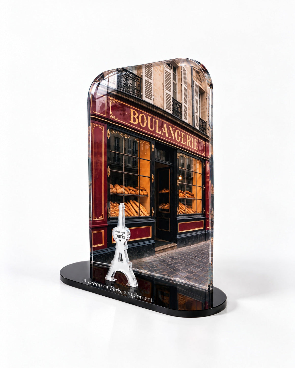 Side view of the La Boulangerie acrylic decor with polished edges and reflections