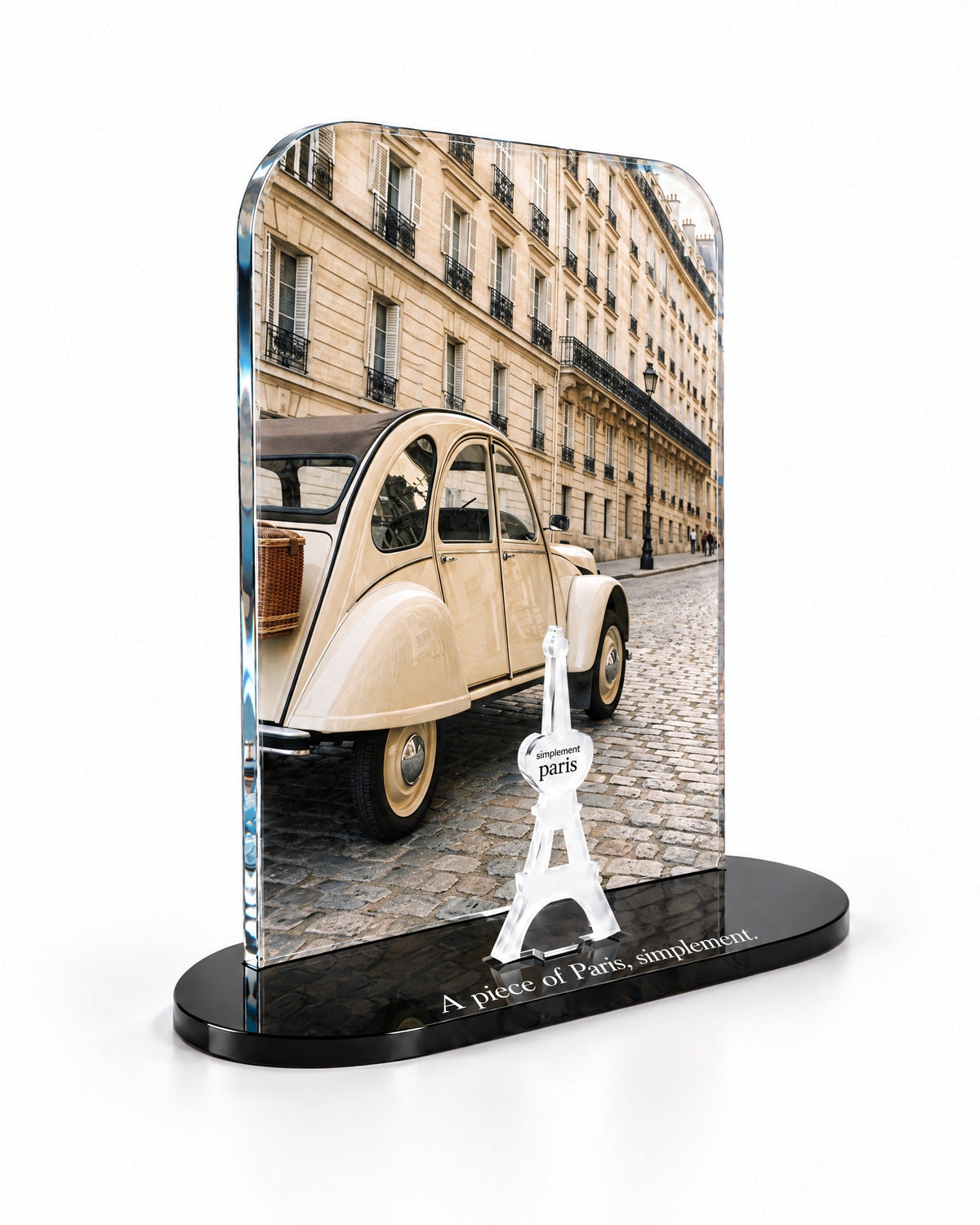 Three-quarter view of the La Deux Chevaux acrylic decor with its thick glossy panel and separate Eiffel Tower