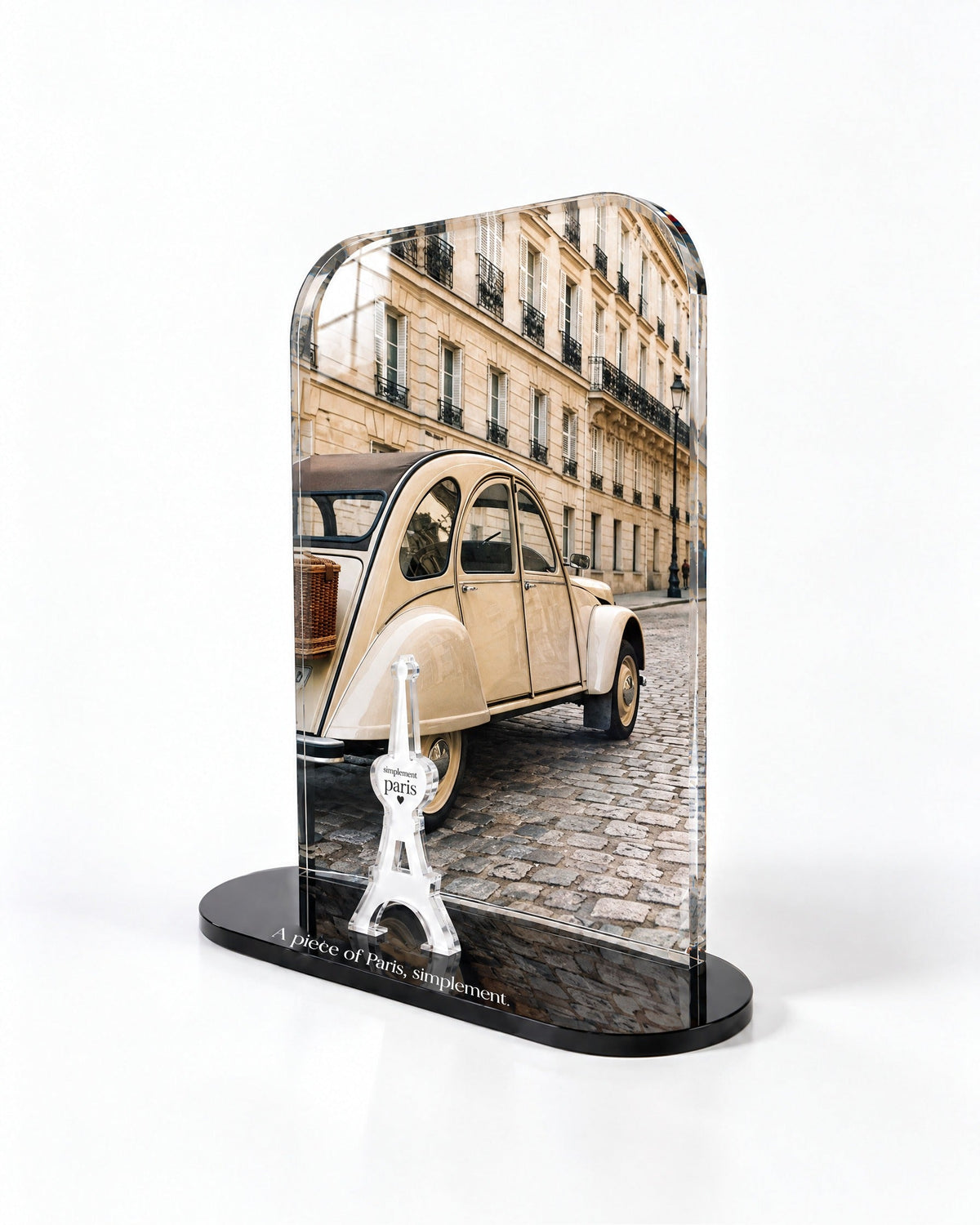 Side view of the La Deux Chevaux acrylic decor with polished edges and reflections