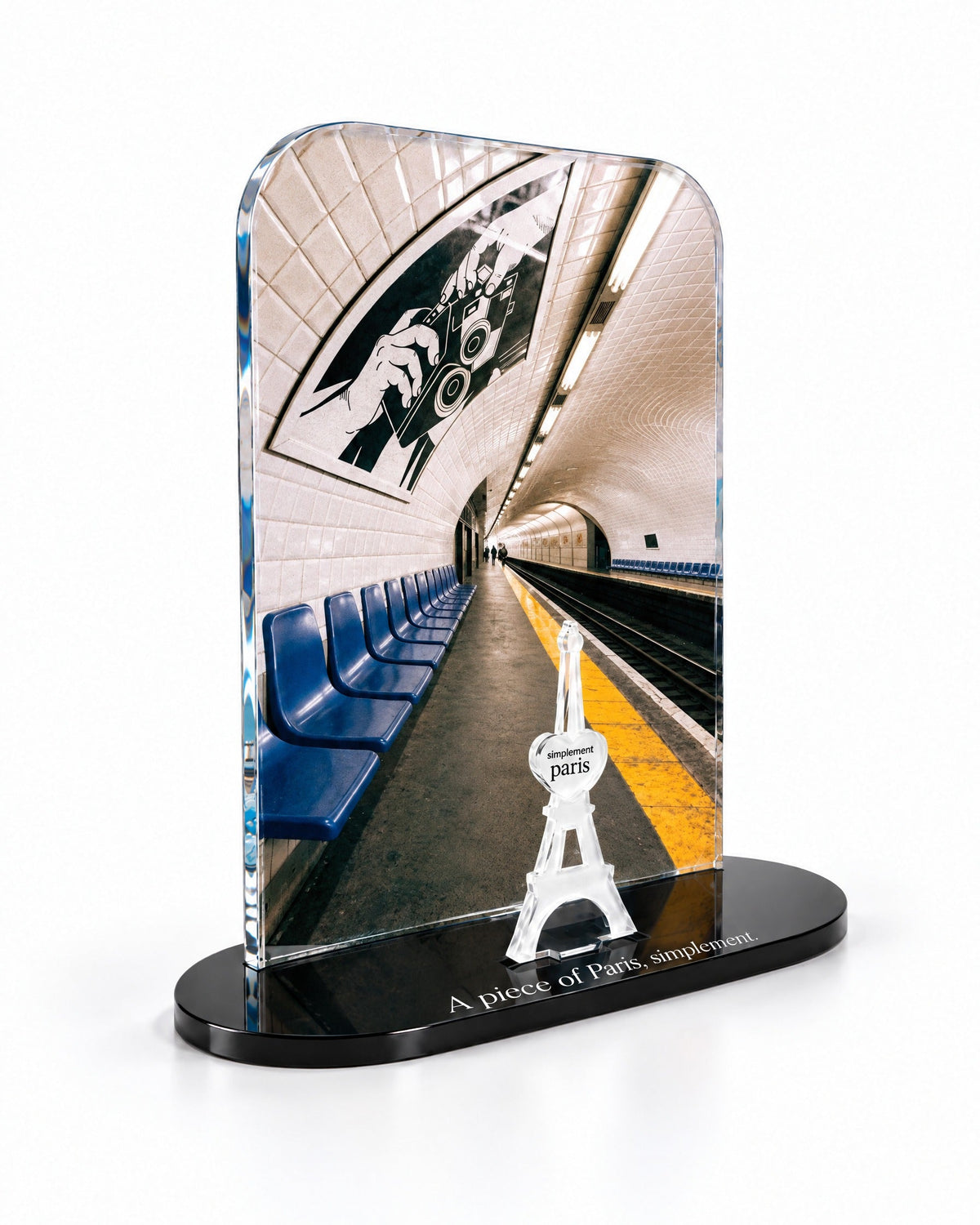 Three-quarter view of the Le Métro acrylic decor with its thick glossy panel and separate Eiffel Tower