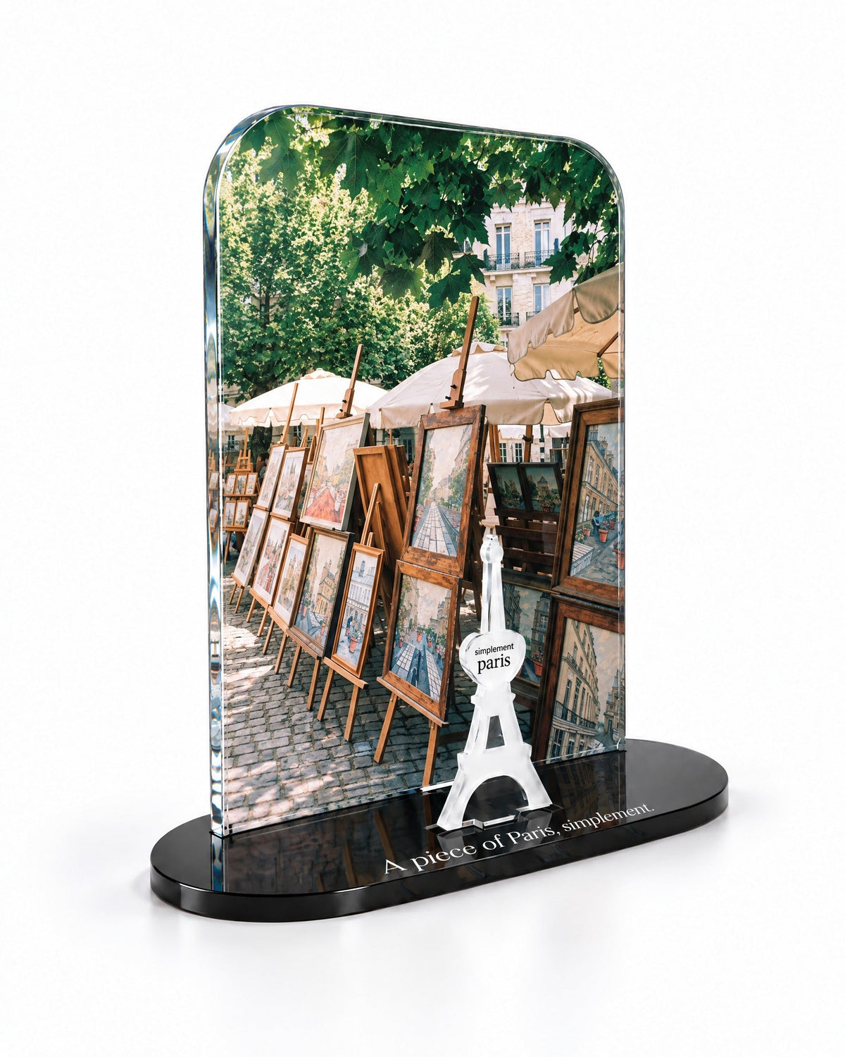 Three-quarter view of the Les Artistes acrylic decor with its thick glossy panel and separate Eiffel Tower
