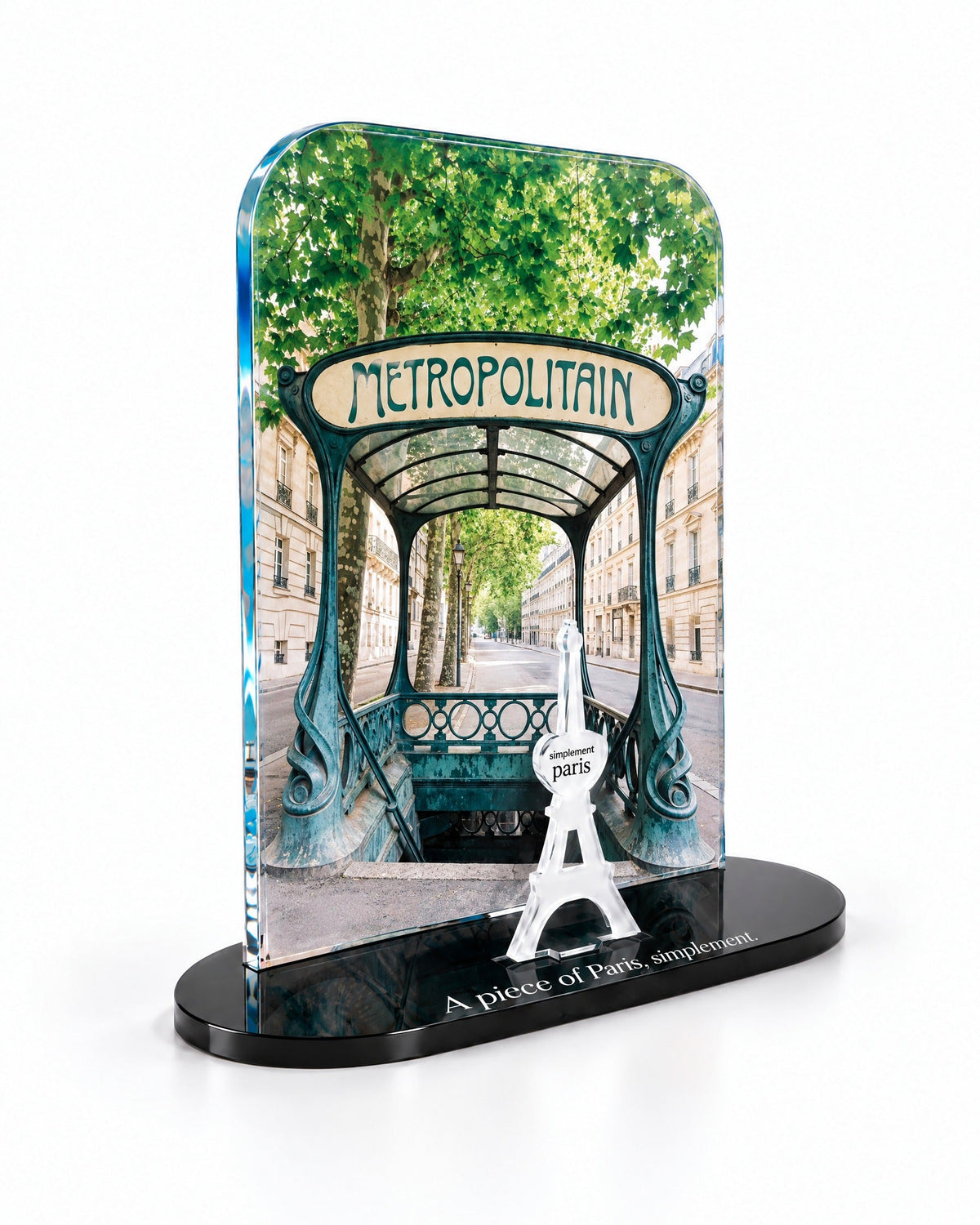 Three-quarter view of the Métropolitain acrylic decor with its thick glossy panel and separate Eiffel Tower