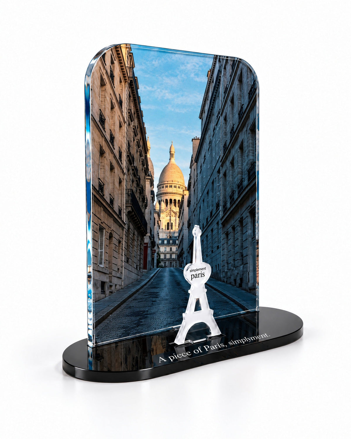 Three-quarter view of the Montmartre acrylic decor with its thick glossy panel and separate Eiffel Tower