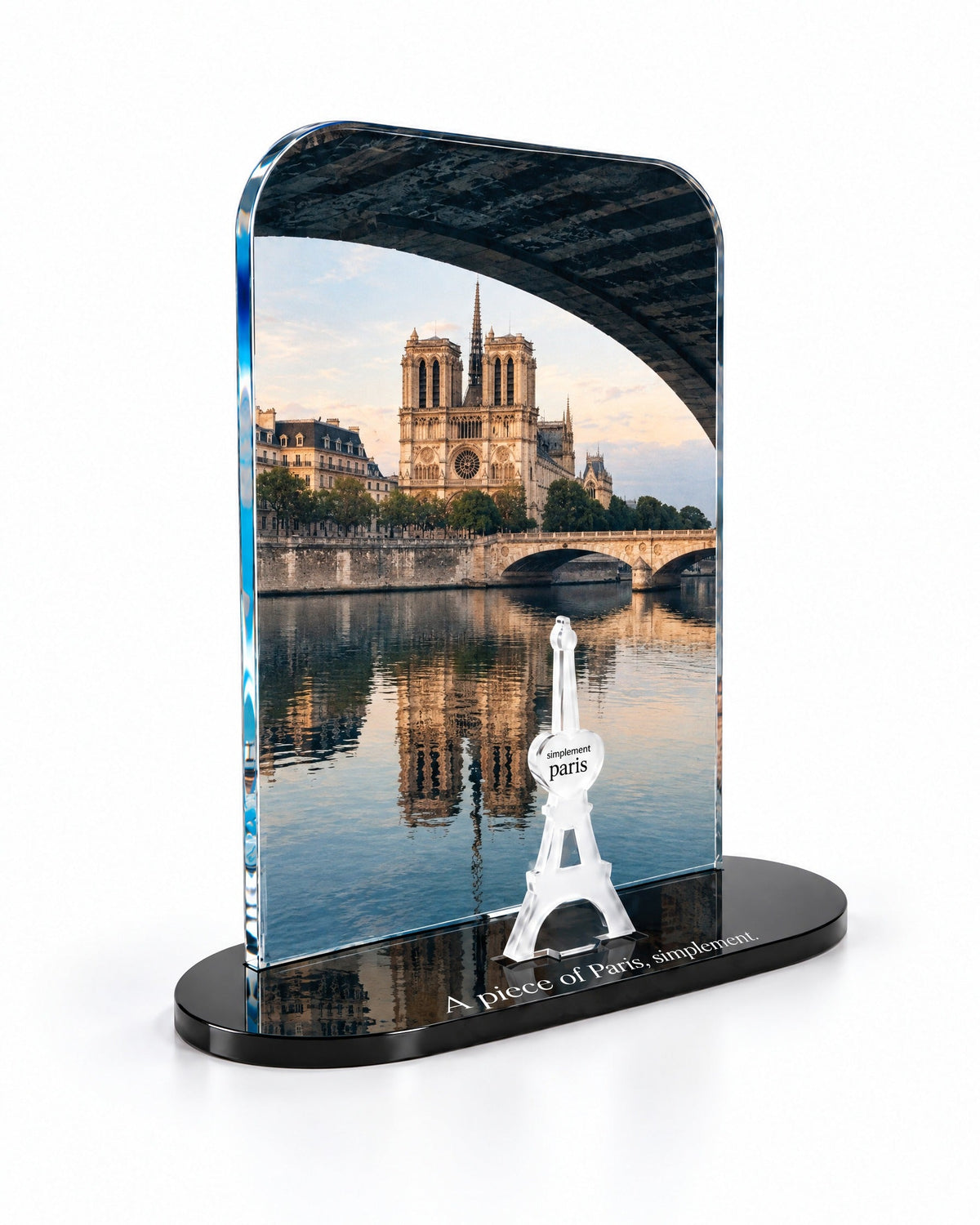 Three-quarter view of the Notre-Dame acrylic decor with its thick glossy panel and separate Eiffel Tower