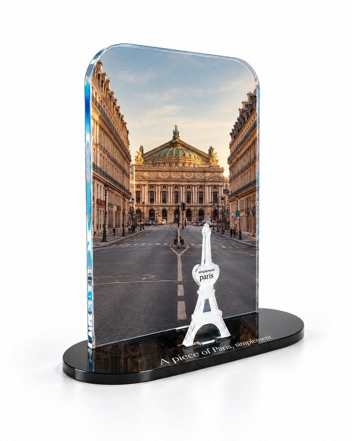 Three-quarter view of the Opéra Garnier acrylic decor showing the thick glossy panel and separate Eiffel Tower
