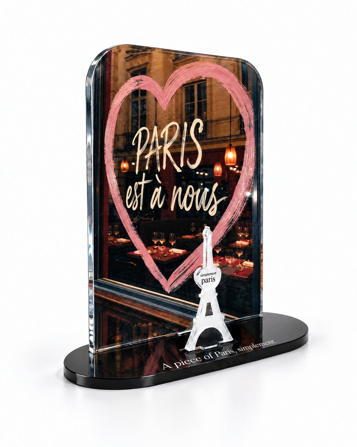 Three-quarter view of the Paris Est à Nous acrylic decor showing the thick glossy panel and separate Eiffel Tower