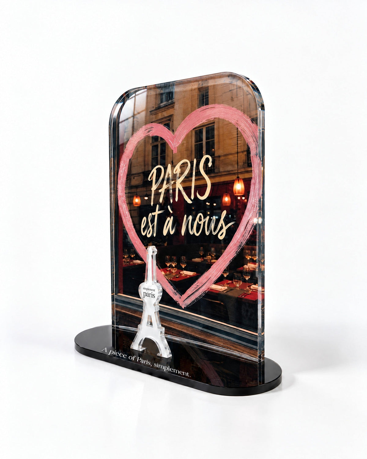 Side view of the Paris Est à Nous acrylic decor with polished edges and reflections