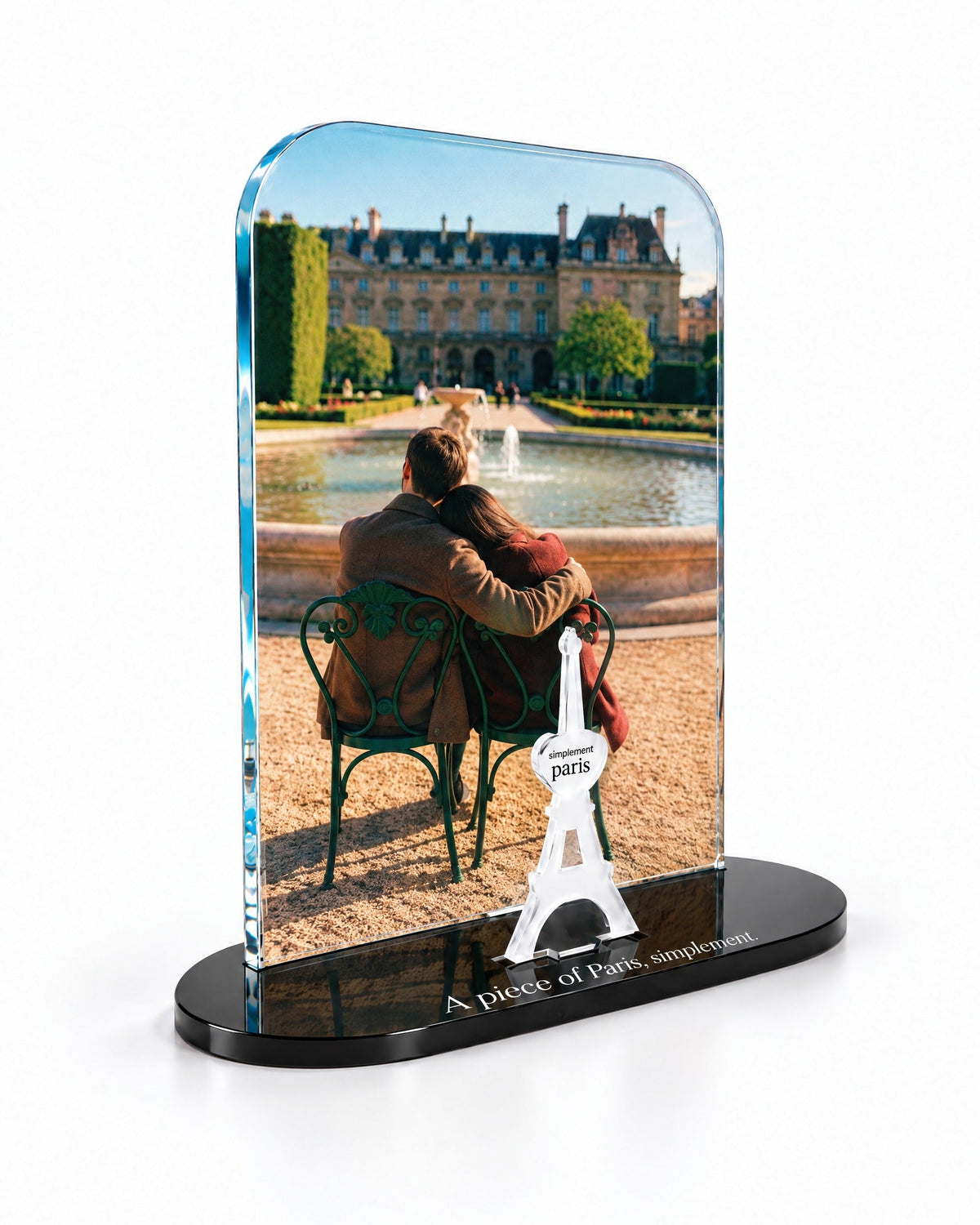 Three-quarter view of the Paris for Two acrylic decor with its thick glossy panel and separate Eiffel Tower