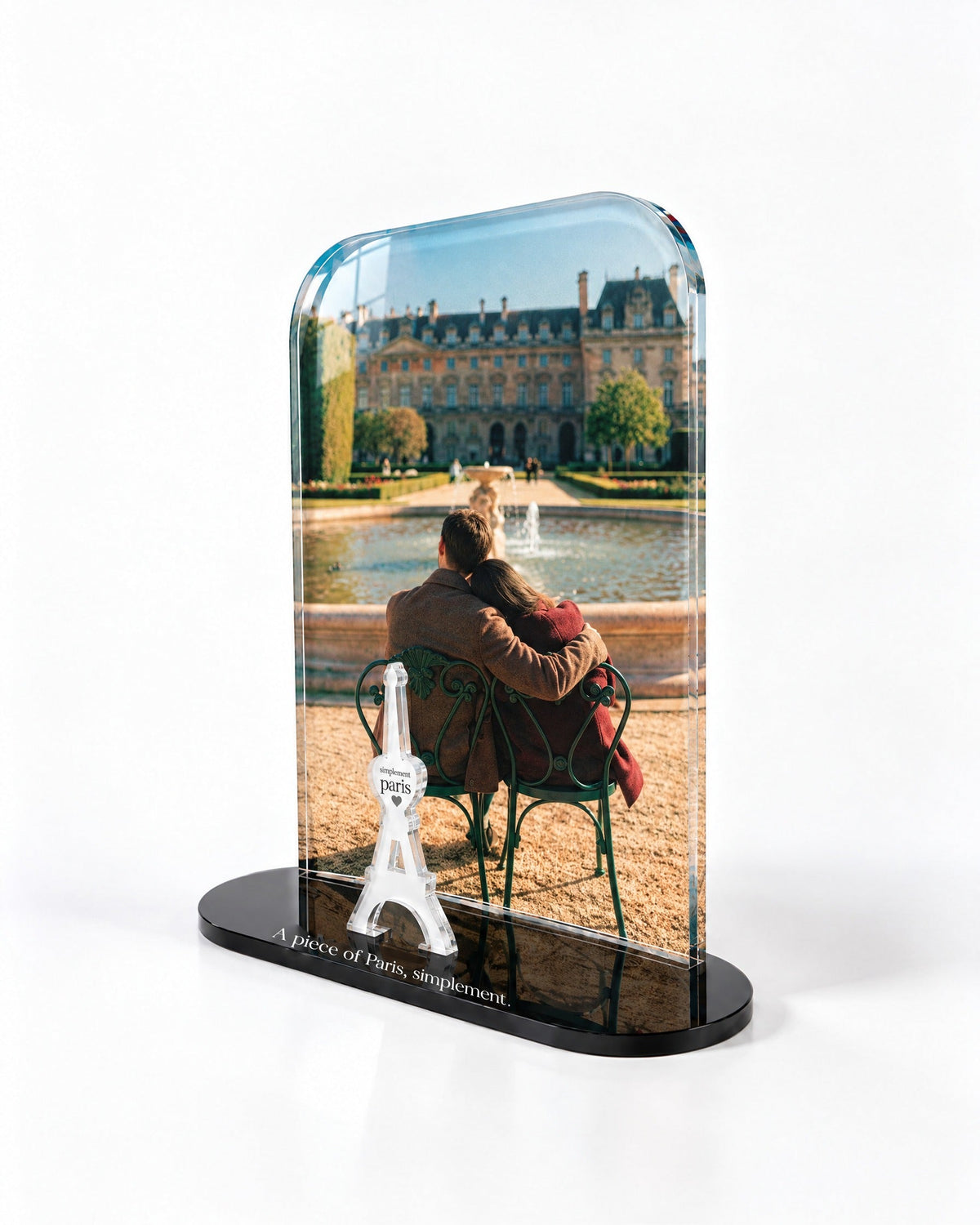 Side view of the Paris for Two acrylic decor with polished edges and reflections