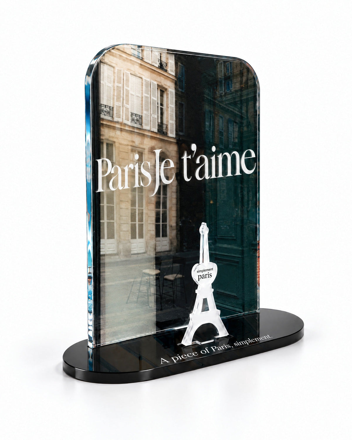 Three-quarter view of the Paris Je T'aime acrylic decor with its thick glossy panel and separate Eiffel Tower