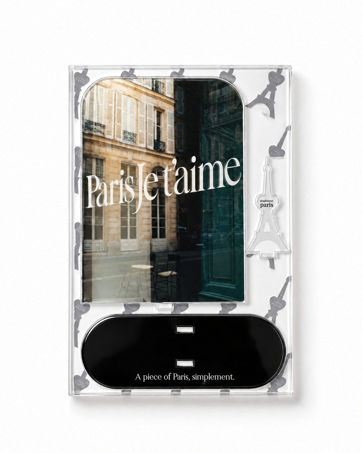 Flat-pack contents of Paris Je T'aime: acrylic panel, glossy black base and Eiffel Tower piece