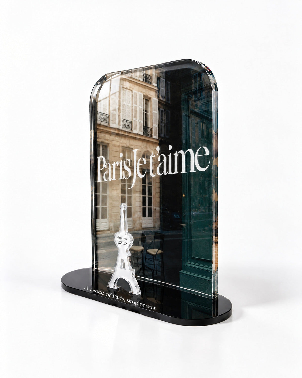 Side view of the Paris Je T'aime acrylic decor with polished edges and reflections