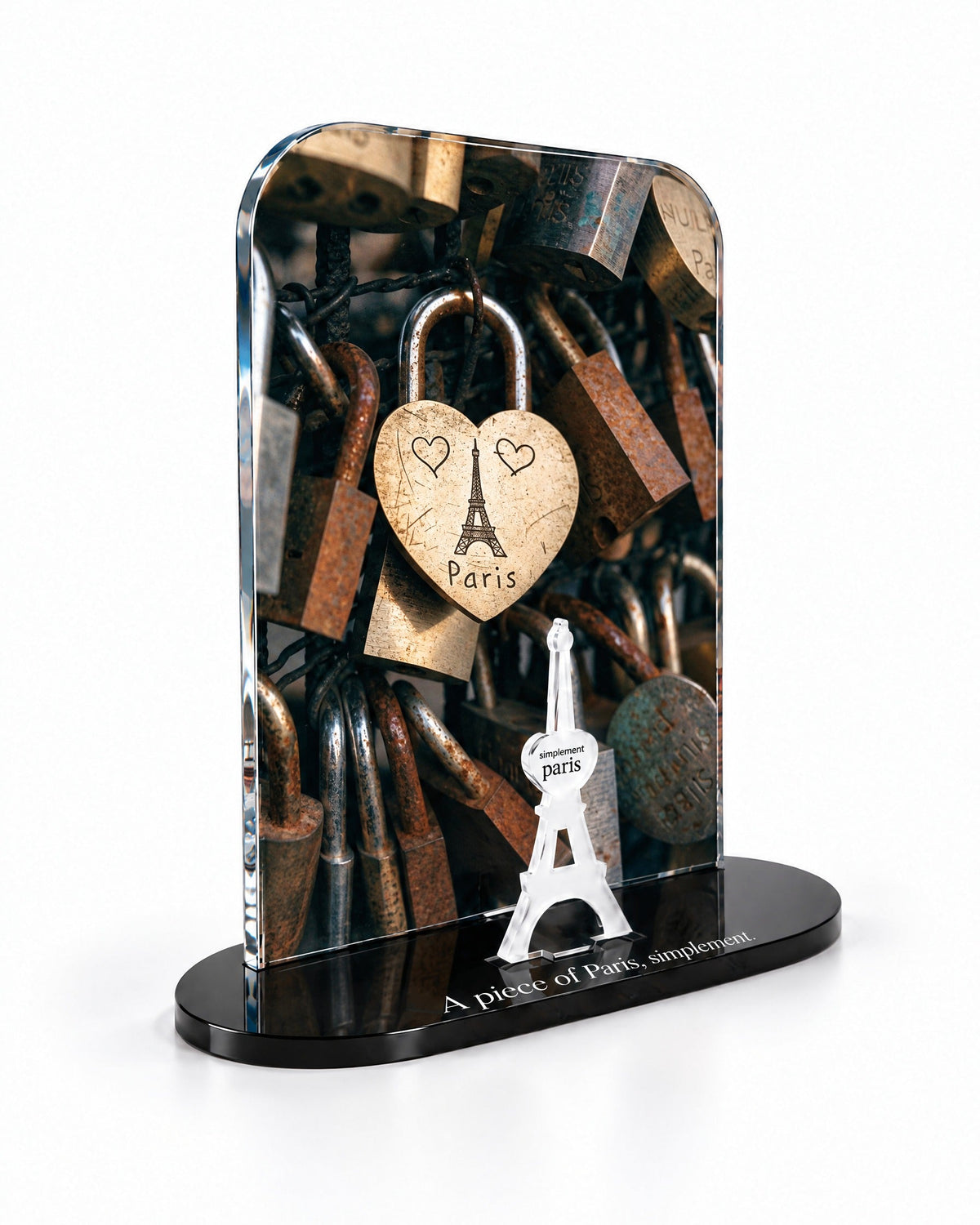 Three-quarter view of the Paris Love Lock acrylic decor showing the thick glossy panel and separate Eiffel Tower
