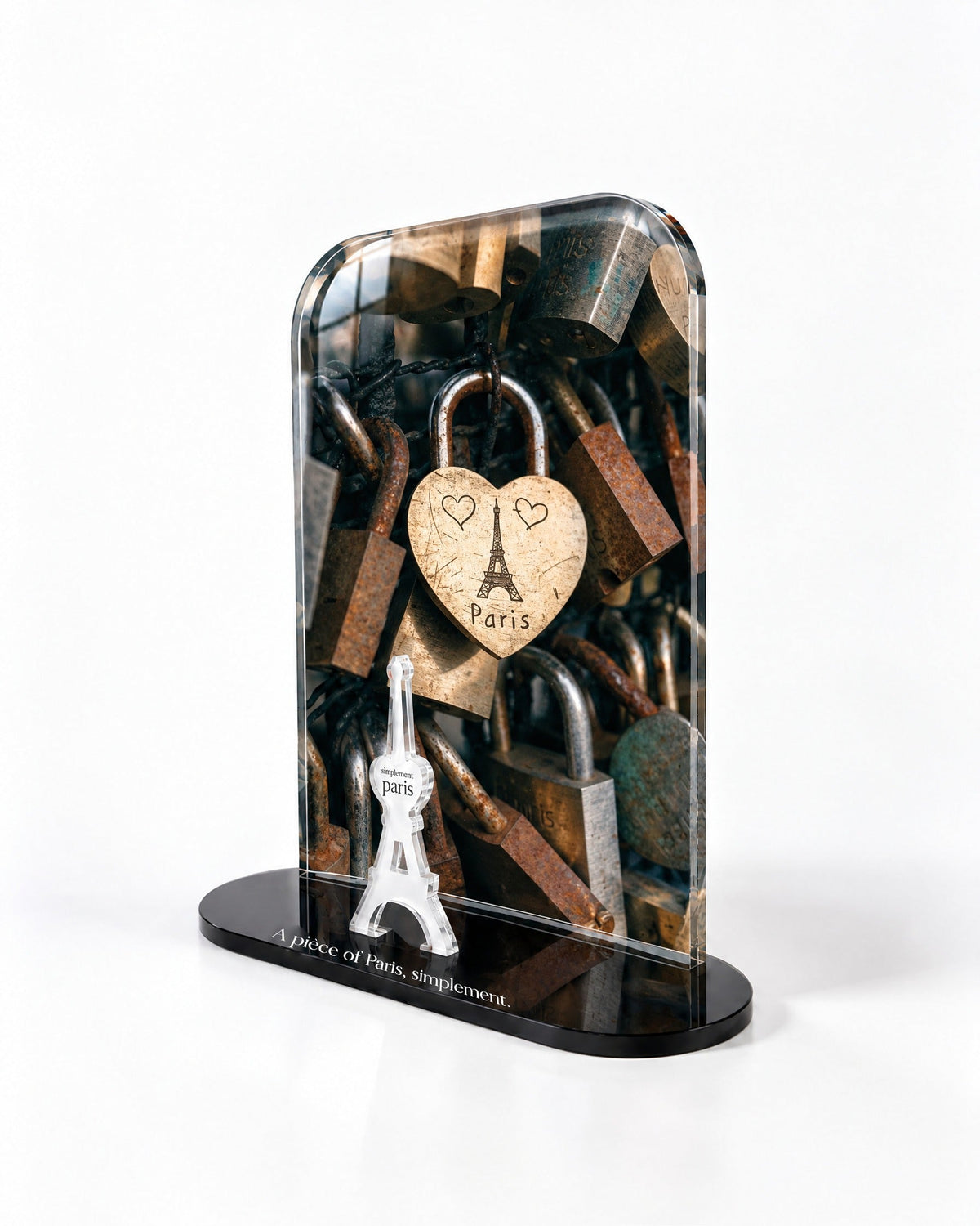 Side view of the Paris Love Lock acrylic decor with polished edges and reflections
