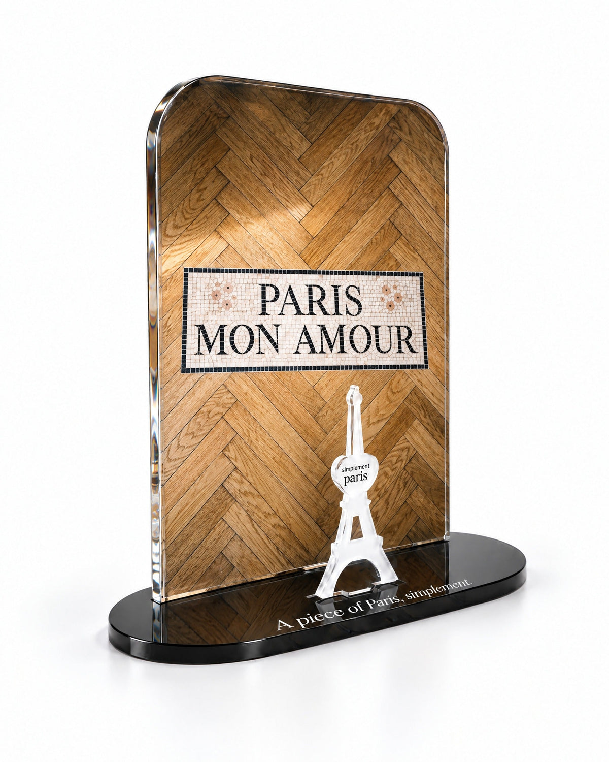 Three-quarter view of the Paris Mon Amour acrylic decor with its thick glossy panel and separate Eiffel Tower